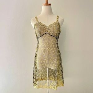 Japanese brand black & gold sheer nylon mesh babydoll floral slip dress